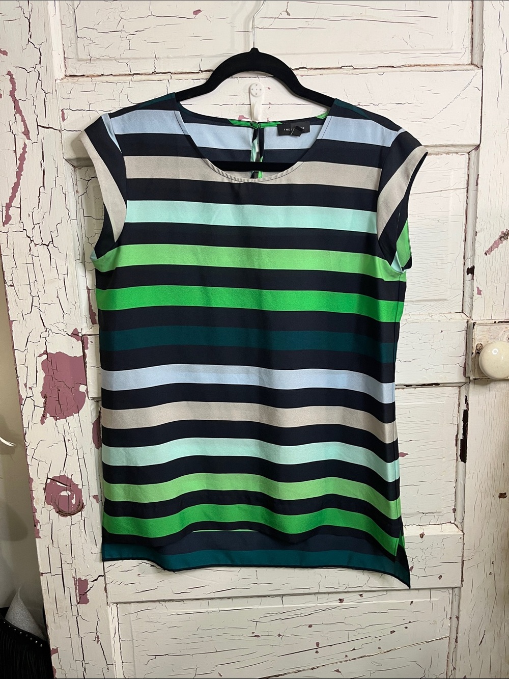 The Limited Striped Cap Sleeve Top in Black, Green, Teal and Cream Sz Med